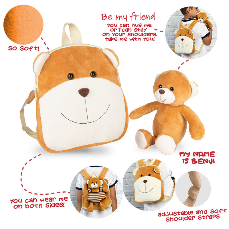 Benji Bear reversible backpack with plush toy 25cm